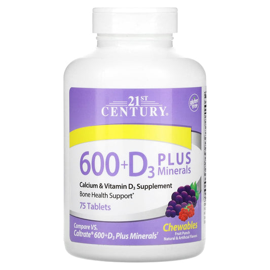 21st Century, 600 + D3 Plus Minerals, Fruit Punch, 75 Chewable Tablets