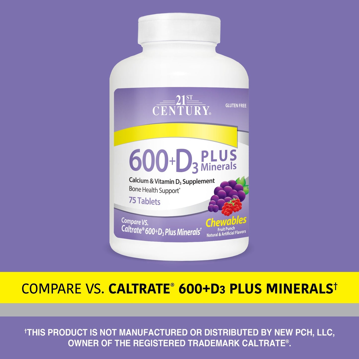 21st Century, 600 + D3 Plus Minerals, Fruit Punch, 75 Chewable Tablets